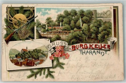 Tharandt 1901 Gasthaus Burgkeller Säbel Gewehr Jagdtasche Geweih