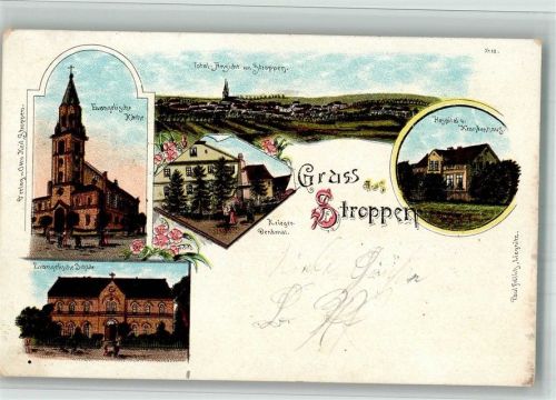 Stroppen 1902 Krankenhaus Ev. Kirche Schule Lithographie