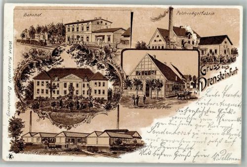 Drensteinfurt 1899 Lithographie Bahnhof Polsternägelfabrik Hotel Zur Post Schloss Steinfurt Plüschfabrik & Emaillirwerk