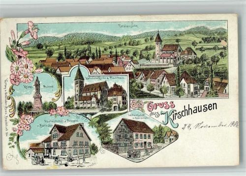 Kirschhausen 1906 Lithographie Kriegerdenkmal Gasthaus-Metzgerei Jöst Gasthaus Schäfer Kath. Kirche Pfarrhaus