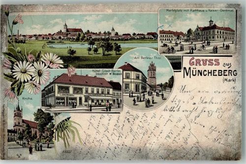 Müncheberg 1900 Lithographie Hotel Stadt Berlin Marktplatz Rathaus