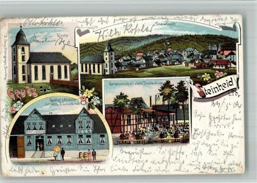 Steinheid 1904 Lithographie Dorfkirche Gasthaus zum Kieferle Gartenwirtschaft Trunkenbrodt
