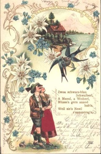 Frauenkleid teilweise Applikation aus Stoff montiert auf Poesie-AK von 1905