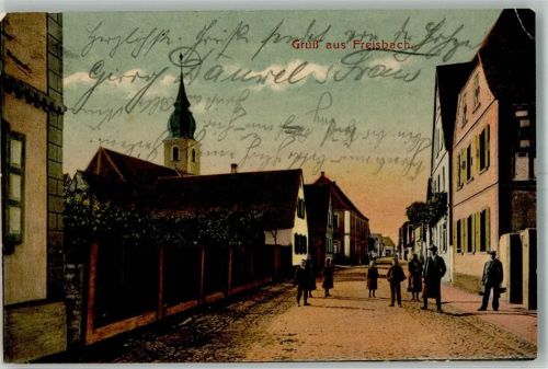 Freisbach 1909 Dorfstraße Kirchturmspitze der Ev. Kirche
