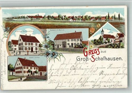 Großschafhausen 1904 Lithographie Bahnhof-Gasthaus Bäckerei Biersch Gasthaus zum Adler