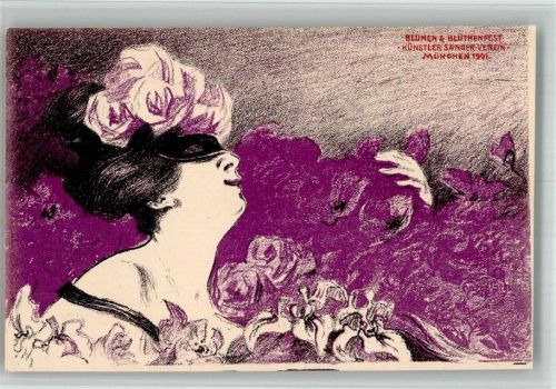 München 1901 Jugendstil Blütenfest Künstler Sänger Verein Lithographie sign. Harry Schultz