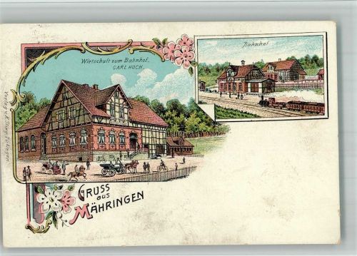 Mähringen Lithographie Bahnhof Gasthaus zum Bahnhof