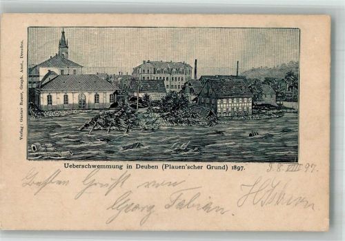 Deuben 1897 Hochwasser-Katastrophe Überschwemmung in Deuben 1897 Holzstich
