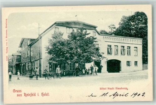 Reinfeld 1902 Hotel Stadt Hamburg Jäger Jagdhunde Fahrrad RS. Hotelstempel