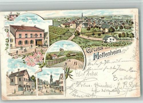 Mettenheim 1901 Lithographie Gasthaus zum Schwanen Michelsberg Post Rathaus Bahnpost Mainz-Ludwigshafen Zug 212