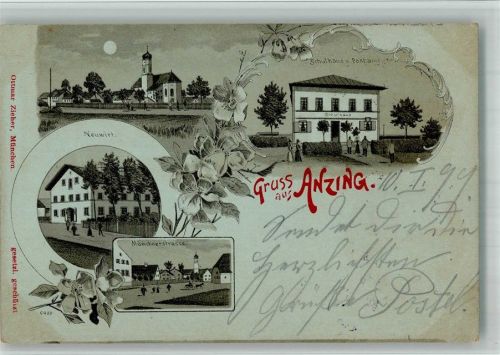 Anzing 1899 Lithographie Mondschein Neuwirt Schule & Post Münchnerstrasse Verlag Ottmar Zieher-München