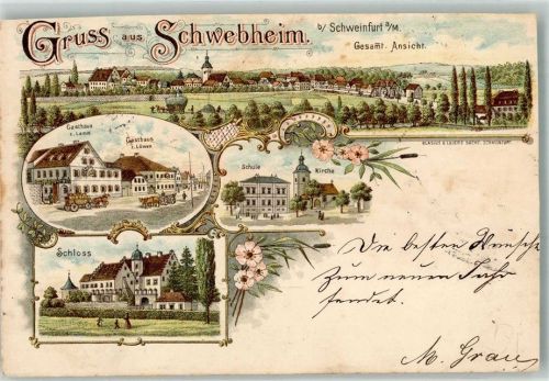 Schwebheim 1897 Lithographie Schloss Schebheim Gasthaus zum Lamm Gasthaus zum Löwen Schule beschnitten