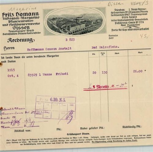 49201 W4503 Dissen am Teutoburger Wald Briefkopf Rechnung von 1915 Fritz Hohmann Margarine- und Fleischwarenwerke