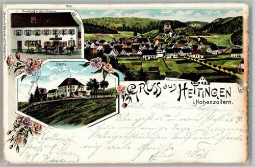 Hettingen 1900 Lithographie Schloss Handlung Karl Knaus Postkutsche