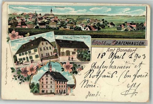 79865 W7821 Grafenhausen , Hochschwarzw 1903 BOAKC Lithographie Gasthaus Zum Hirschen Handlung Gustav Rudigier Schule