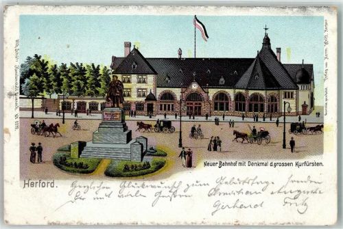 Herford 1903 Neuer Bahnhof Denkmal des großen Kurfürsten Kutschen Fahne