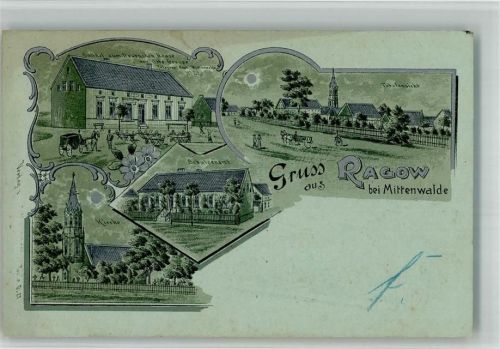 Ragow Lithographie Mondschein Gasthaus zum deutschen Haus Schulzenamt Dorfkirche