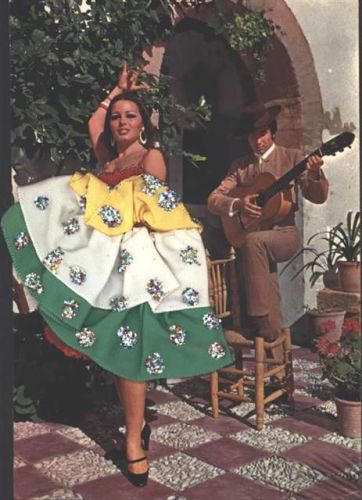 Flamenco, Kleidapplikation aus Stoff montiert auf AK, Glitzer