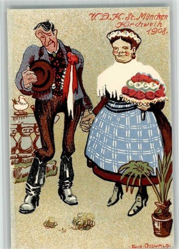 München Gebrauchsspuren Studenika V.D.K.St. Kirchweih 1908 sign. Eug. Osswald Volksfest Künstlersteindruck