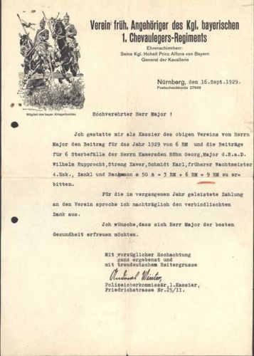 Nürnberg Brief von 1929 Verein früh.Angehöriger des Kgl. bayrischen 1. Chevaulegers-Regiments