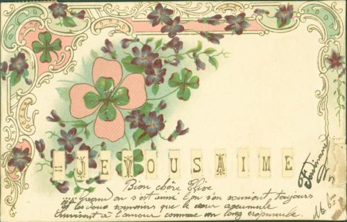 1902 Glückskleeblatt Veilchen Lithographie