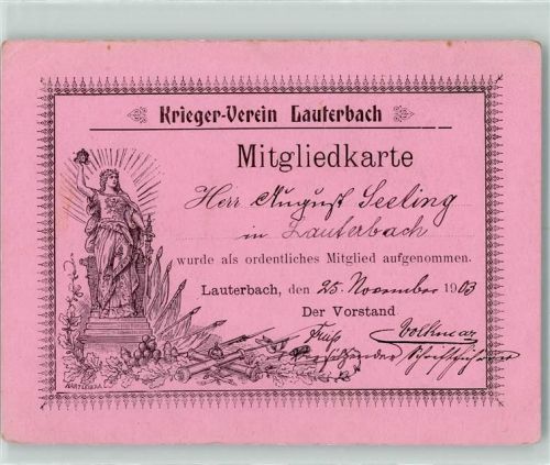 Lauterbach Krieger Verein Mitgliedskarte 1903 Ephemera