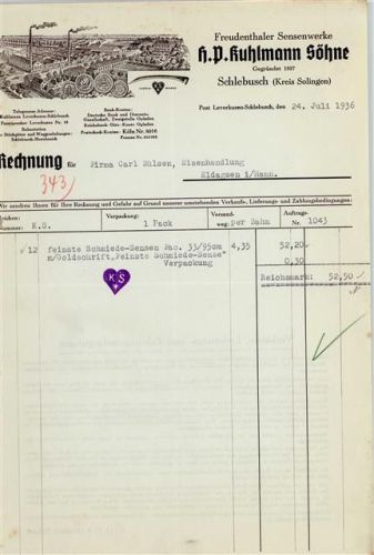 Schlebusch Rechnung von 1936 H.P. Kuhlmann Söhne Freudenthaler Sensenwerke
