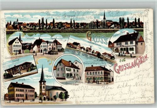 Großlangheim 1904 Lithographie Bahnhof Marktplatz Gasthaus zum Hirschen Gasthaus zum Adler Pfarrhof