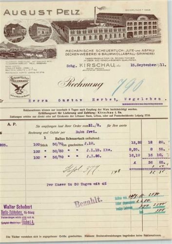 Kirschau Rechnung von 1911 August Pelz Weberei und Spinnerei