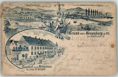 Neuenburg 1904 Lithographie Schiff u. Eisenbahnbrücke Gasthaus zum Hirschen Fischer