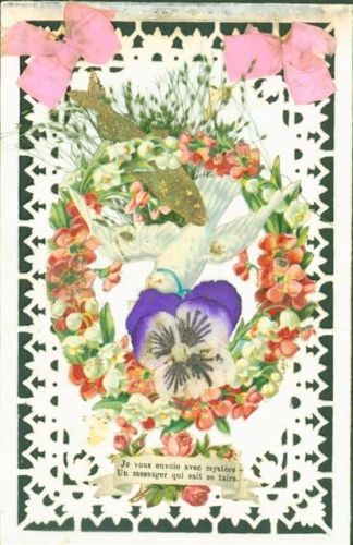 Collage 1, April Blüte und Schleifen aus echtem Stoff echte Gräser Taube