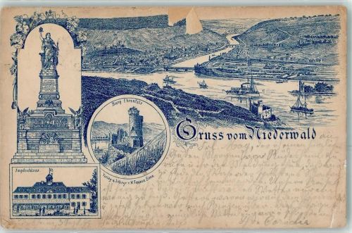 65385 W6220 Niederwald , Jagdschloß 1895 Gebrauchsspuren Gruss vom Niederwald Jagdschloss Burg Ehrenfels Denkmal Schiff Vorläufer Lithographie