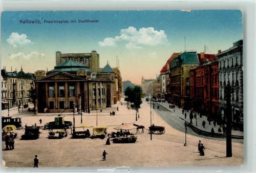 Kattowitz Friedrichsplatz mit Stadttheater Marktszene Straßenbahn