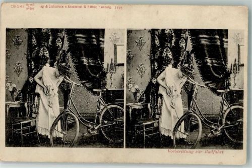 1900 Nr. 1129 Lichtdruck Knackstedt & Näther Frau Fahrrad Erotik Vorbedreitung zur Radfahrt