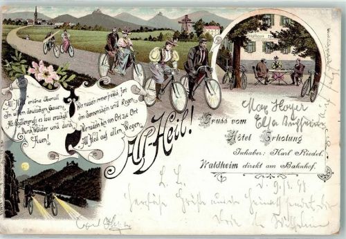 Waldheim 1898 All Heil Tandem Lithographie Hotel Erholung