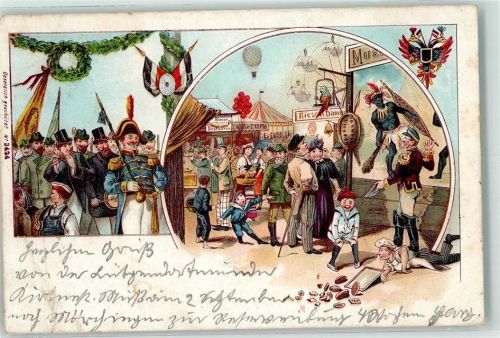 1902 Volksfest Musikanten Schützenverein Ballon Völkerschau Lithographie