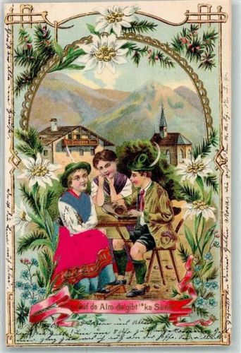 1903 mit echter Stoff Applikation Zither Edelweiß Auf der Alm AK