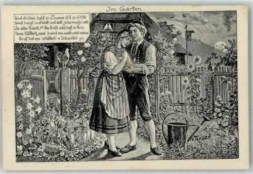 Im Garten Tracht Liebespaar AK Glattacker