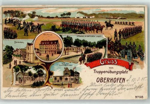 Oberhoffen-sur-Moder 1915 Gruss vom Truppenübungsplatz Baracken Hotel Hirsch Restaurant zum Hohenzollern Gasthaus Strasse im unteren Lager Kanone Pickelhaube Uniform Soldaten