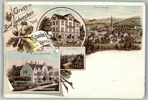 Bad Liebenstein Lithographie Hotel Schneider Herzogl. Schloss Altenstein beschnitten