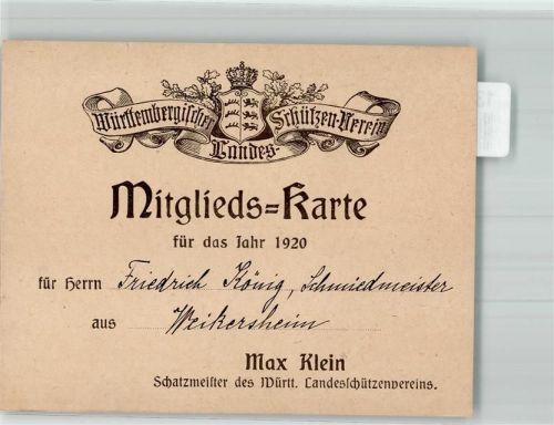 Weikersheim Württ. Schützenverein Mitgliedskarte 1920