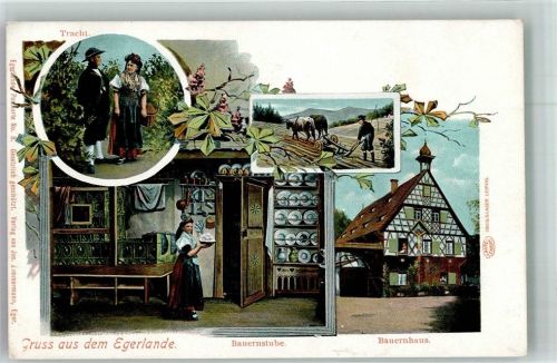 Cheb Tracht Bauernhaus Bauer beim Pflügen Egerland