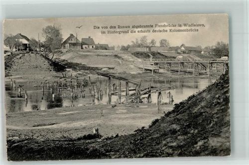 Großendorf Wladyslawowo Foto AK abgebrannte Flussbrücke WK I