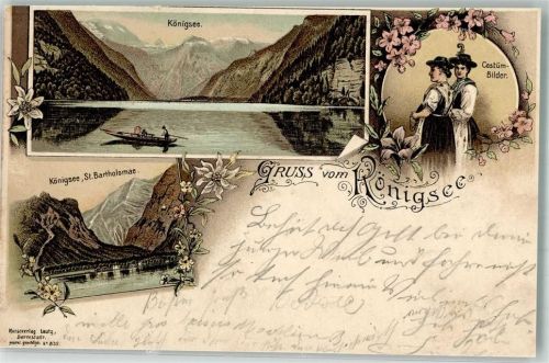 Schönau 1904 Lithographie Königsee St. Bartholomae Tracht