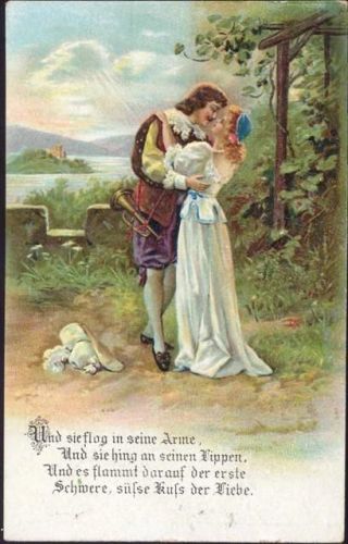 um 1910 Liebespaar, Spruch, Trompete,