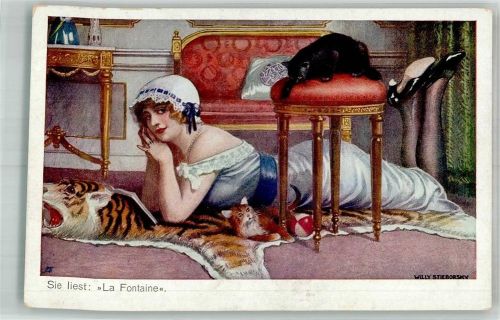Serie 22-121 sign. Willy Stieborsky Erotik Frau liegt auf einem Tigerfell , Katze W.R.B. & Co. Wien - Galerie Wiener Künstler Künstlerkarte