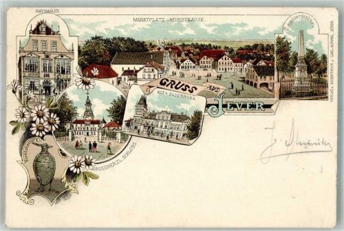 Jever 1898 Lithographie Großherzogl. Schloss Kiebitzbecher Rathaus Hotel-Gasthaus Hof von Oldenburg Schlosserdenkmal