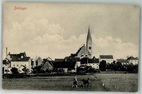 Bobingen 1917 Kirche St. Felizitas Wiese Junge mit Schäferhund