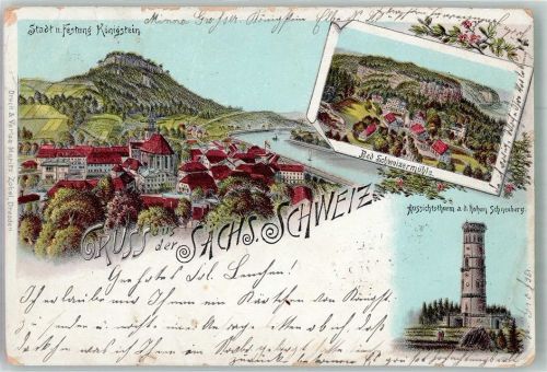 Königstein 1897 Panorama des Ortes mit der Festung Bad Schweizermühle Aussichtsturm auf dem Hohen Schneeberg