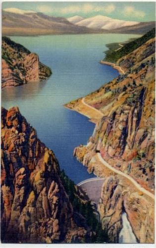 um 1950-60 Stausee Richtung Cody Road zum Yellowstone National Park,C. T. Art Colortone
